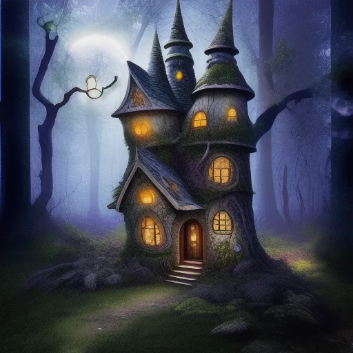 888704361-small fairy tail house distorted in a forest in the moonlight.webp
